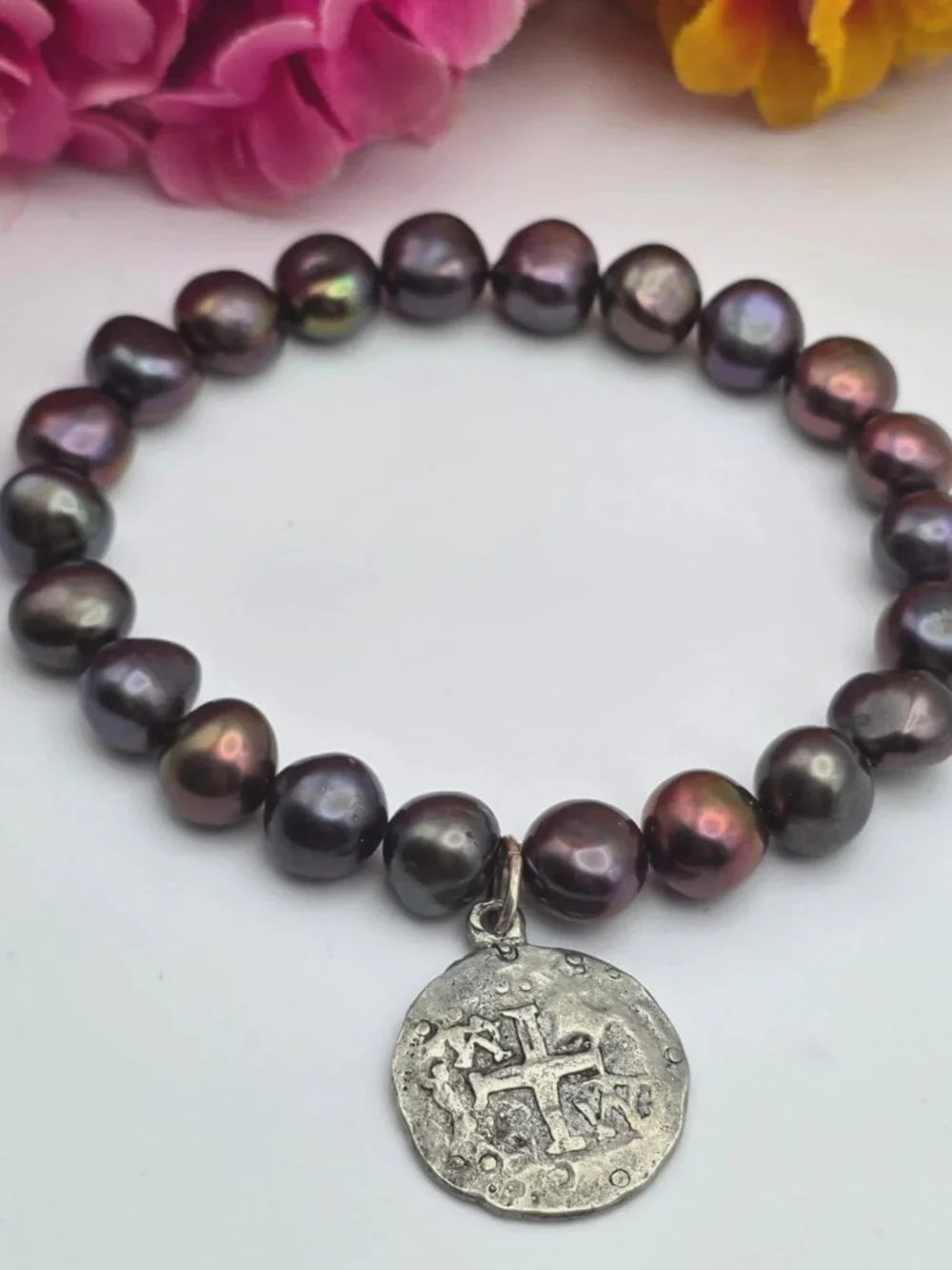 Natural Peacock Freshwater Pearl Jeremiah 29:11 Coin Charm Stretch Bracelet 7 in